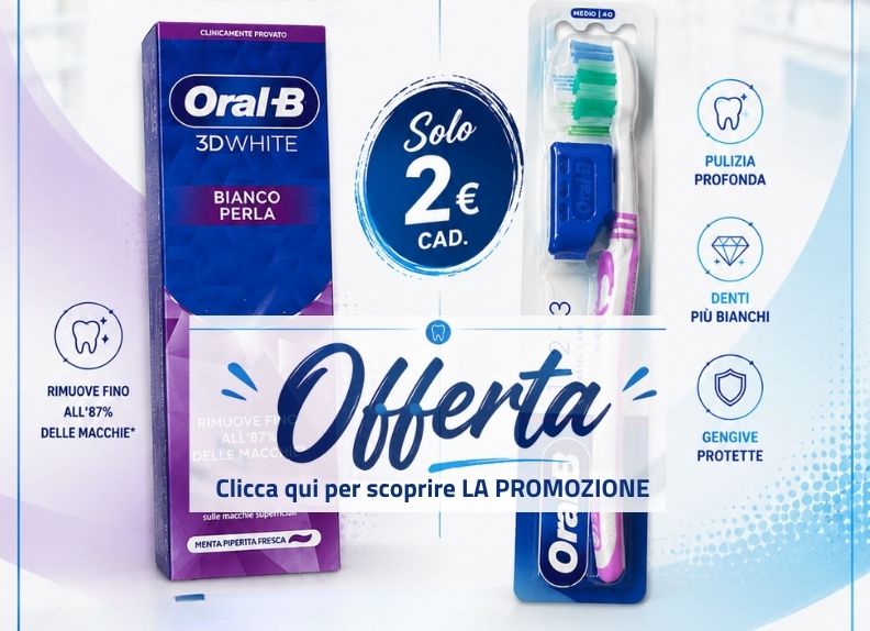 Promo Oral-B – Tutto a €2,00 Igiene orale di qualità a un prezzo conveniente  Approfitta della nostra promozione dedicata ai prodotti Oral-B: ogni articolo in promozione è disponibile a soli €2,00.  Prodotti in promozione Spazzolino Oral-B – €2,00 cad. Dentifricio Oral-B – €2,00 cad. Perché scegliere Oral-B Pulizia efficace dei denti e rimozione della placca. Aiuta a mantenere denti e gengive sani. Ideale per l'igiene orale quotidiana. Qualità e affidabilità di un marchio leader nel settore. Promozione  Prezzo: €2,00 per ogni prodotto.  Offerta valida fino a esaurimento scorte. Le immagini sono a scopo illustrativo. I modelli degli spazzolini e le varianti dei dentifrici possono variare in base alla disponibilità.